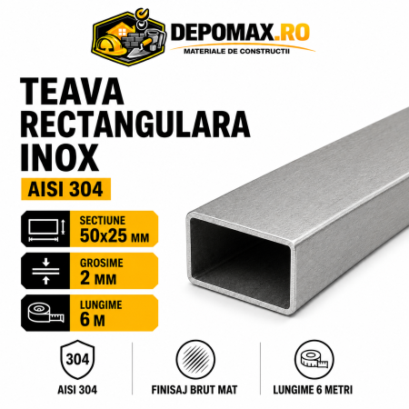 Teava rectangulara inox AISI 304, 50 x 25 x 2 mm, 6 metri